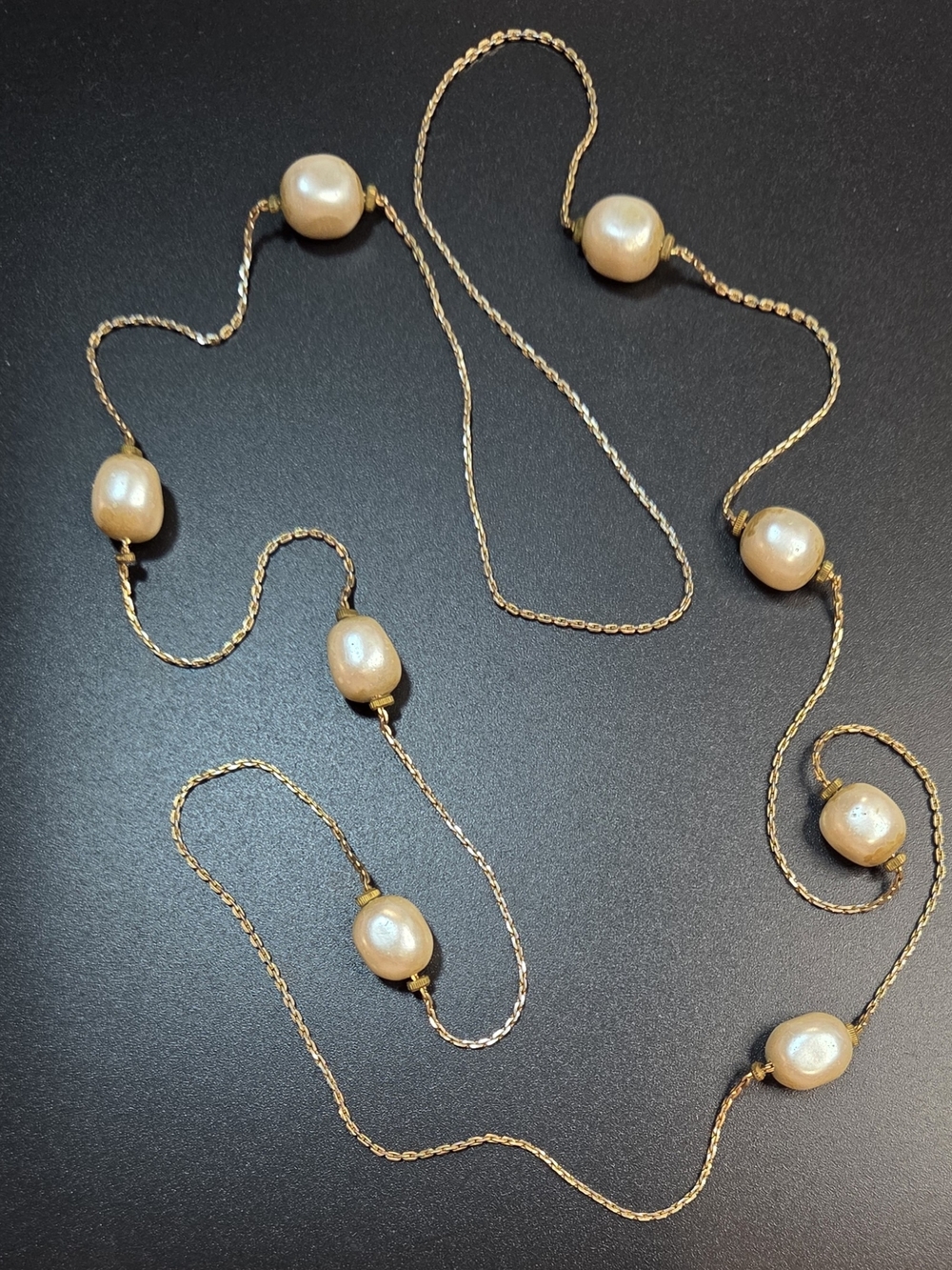 Vintage 1980s Gold 18K GP station necklace featuring large, freshwater pearls.
